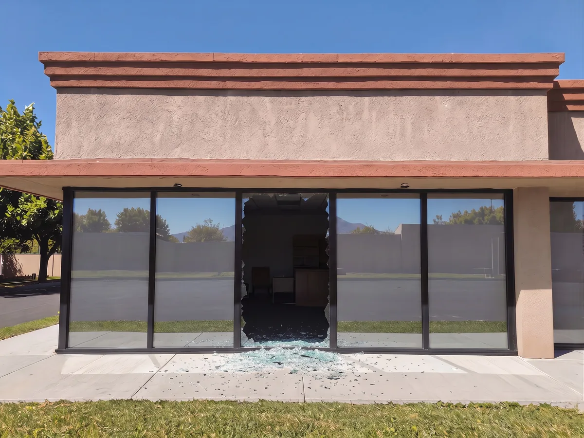 Untreated commercial window shattered by an impact and fallen out of its frame, leaving an open hole and broken glass on the ground