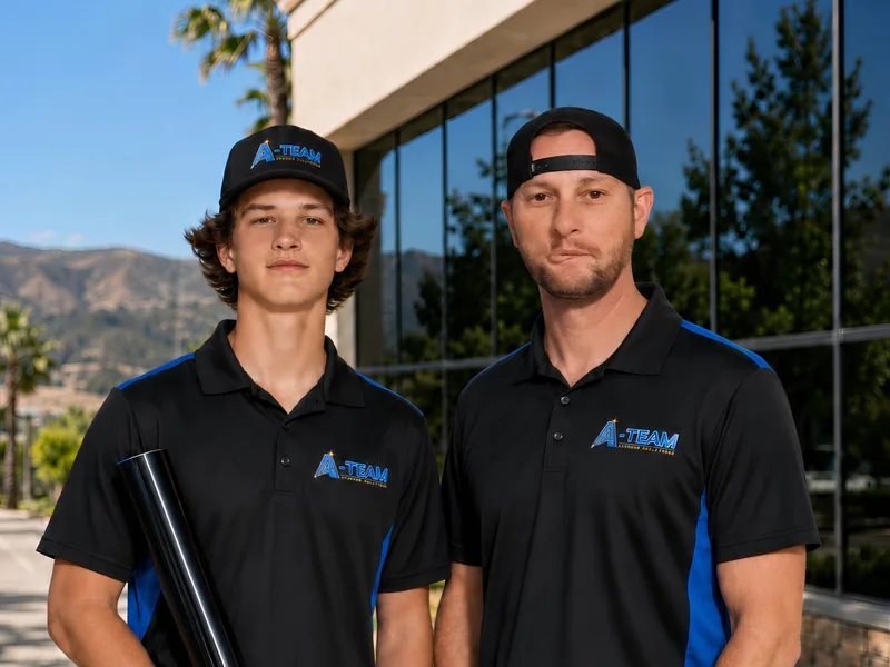 Justin Scott and Josh Scott of A-Team Window Solutions holding a roll of window film, Yucaipa, CA